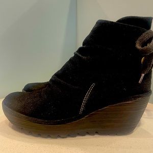 Fly London Yama Suede Wedge Boots Leather Lace Up Ankle Booties Black 39